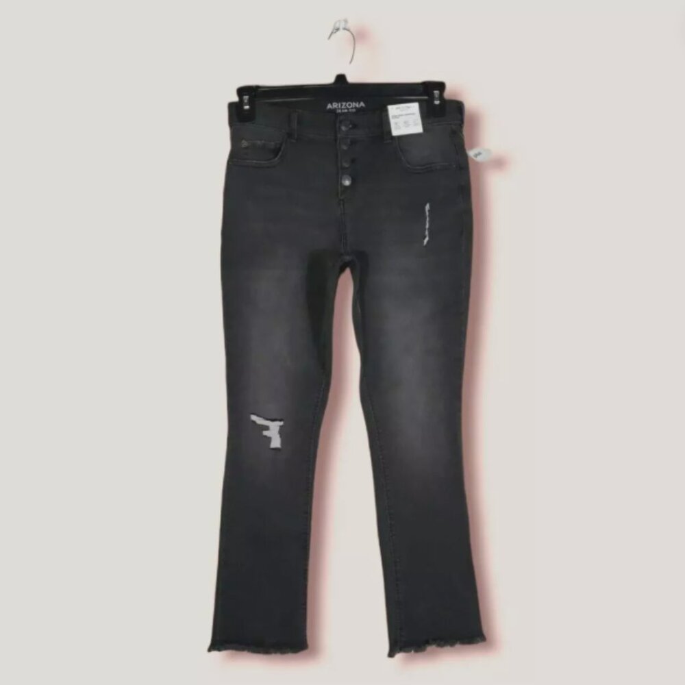 Arizona Jean Co 16 1/2 Hi-Rise Crop Jeans Flare Raw Hem Adjustable Waist Black